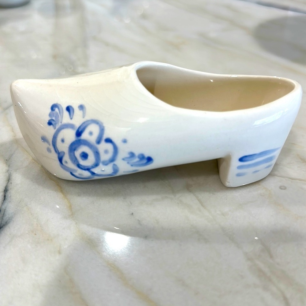 Vintage deft blue hand-painted glazed porcelain clog collectible